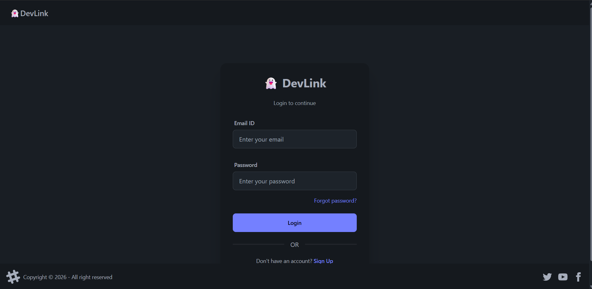 DevLink login interface with email and password fields.