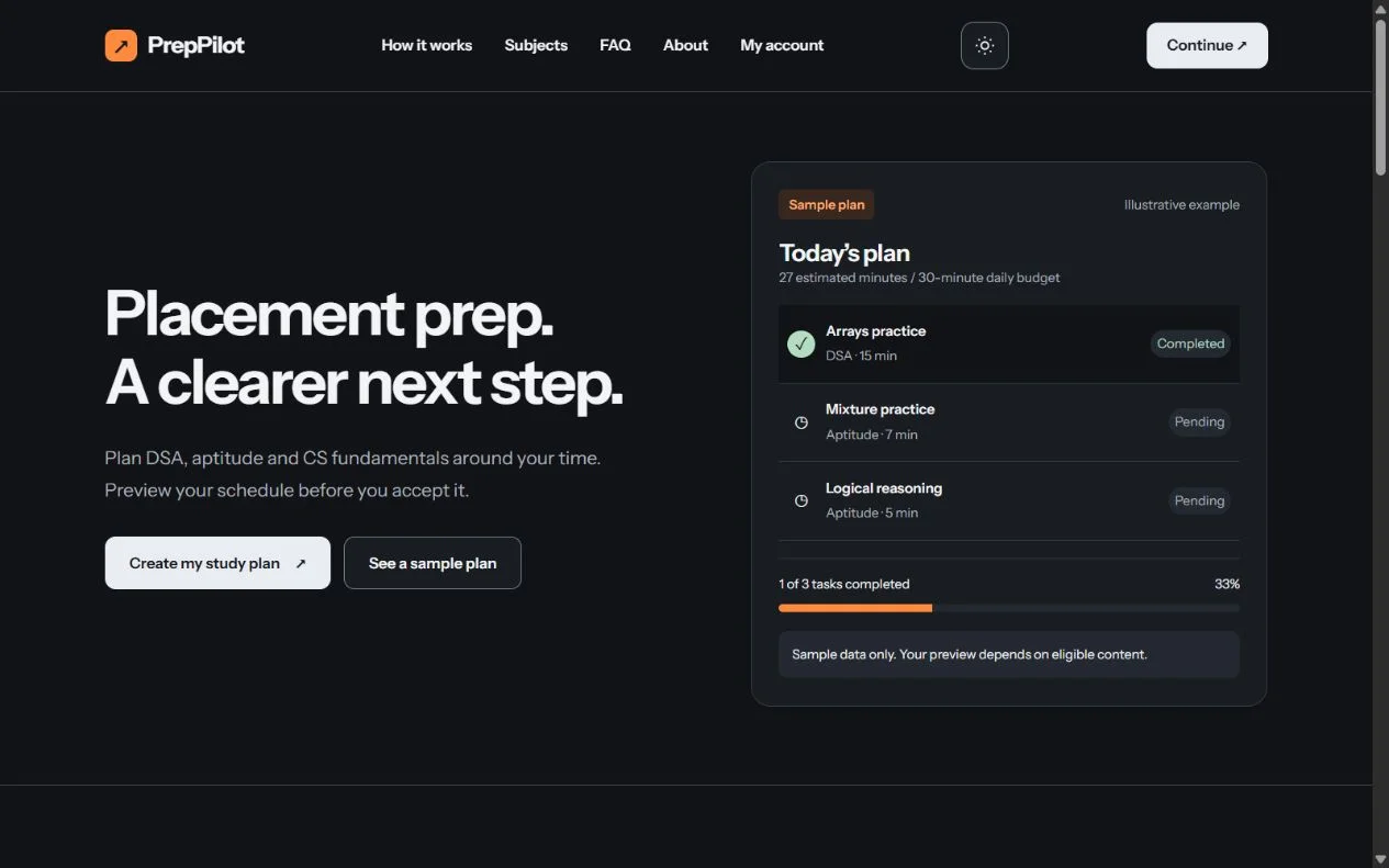 PrepPilot homepage with its illustrative sample study plan